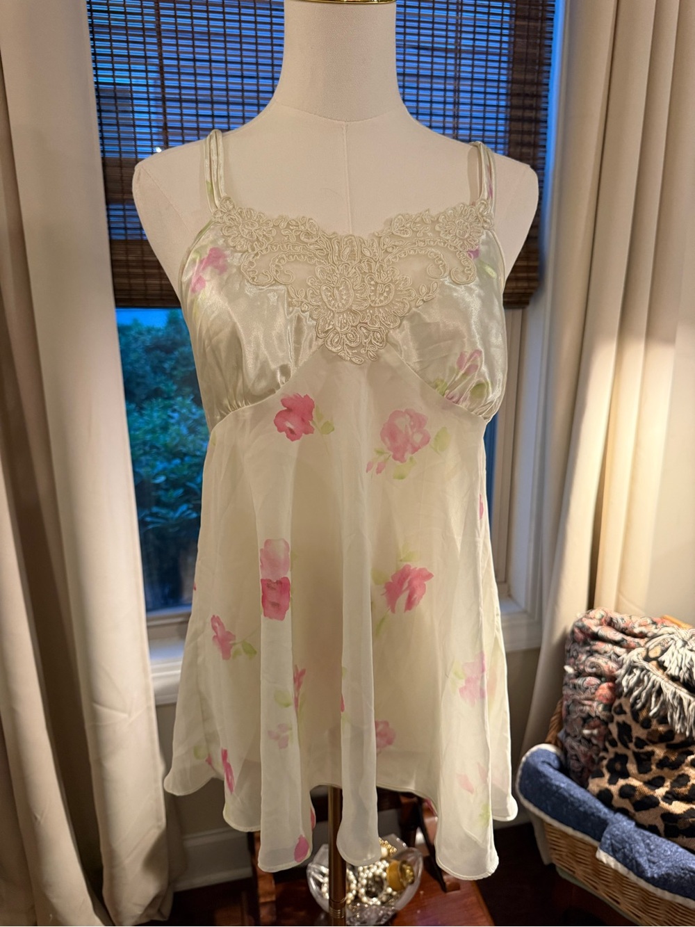 Vintage Ivory Satin Chemise Slip Dreas with Pink Floral Print and Lace Trim